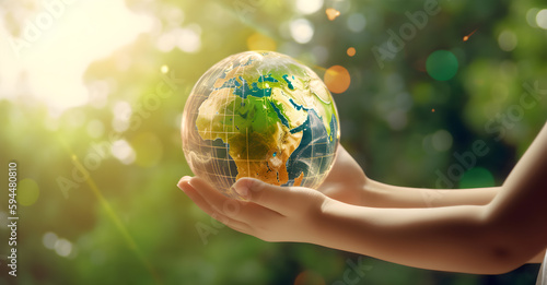 earth globe with icons inside hand in green grassy background - generative ai