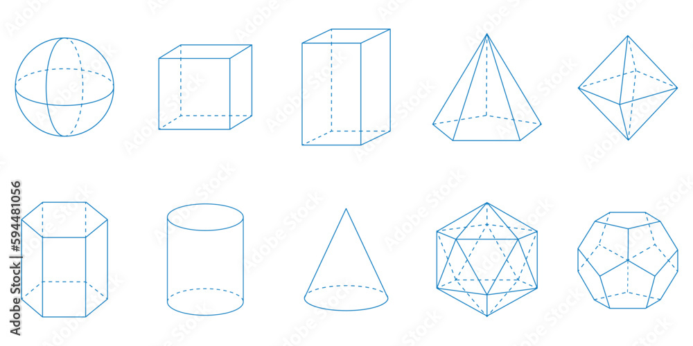3D geometric shapes. Square, Cube, Cuboid, Pentagonal pyramid, Octahedron, Hexagonal prism, Cylinder, Cone, Icosahedron and Dodecahedron shapes. Vector illustration isolated on white background. - obrazy, fototapety, plakaty 