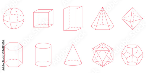 3D geometric shapes. Square, Cube, Cuboid, Pentagonal pyramid, Octahedron, Hexagonal prism, Cylinder, Cone, Icosahedron and Dodecahedron shapes. Vector illustration isolated on white background.