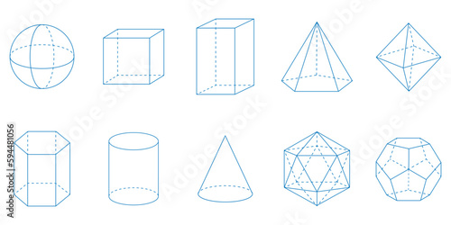 3D geometric shapes. Square, Cube, Cuboid, Pentagonal pyramid, Octahedron, Hexagonal prism, Cylinder, Cone, Icosahedron and Dodecahedron shapes. Vector illustration isolated on white background.