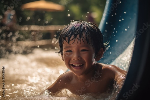 Sliding into Summer Joy  Child s Play at an Outdoor Water Park  generative ai