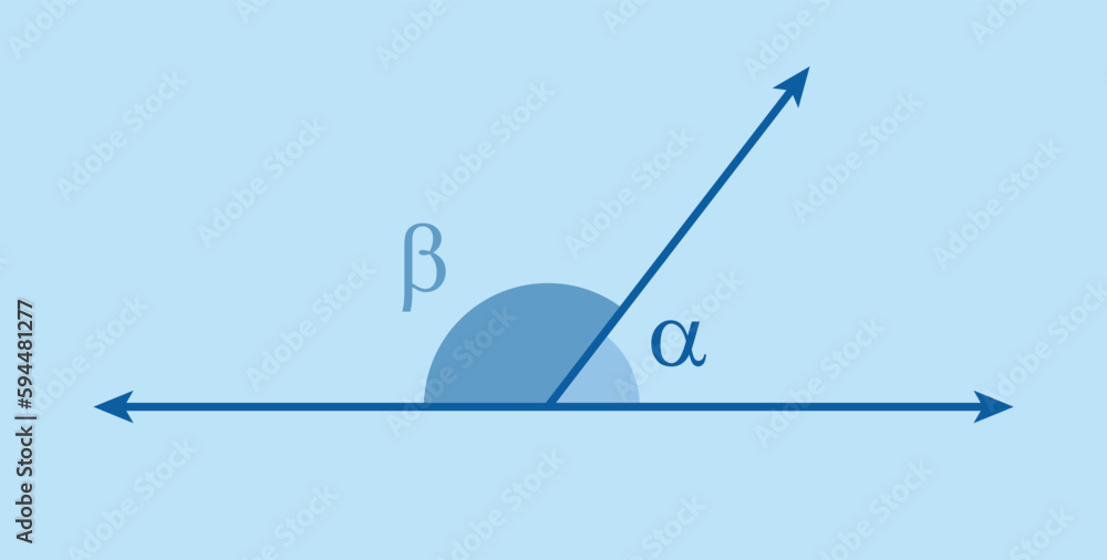 Fototapeta premium Adjacent angles in mathematics. Two angles with common vertex and side. Vector illustration isolated on blue background.