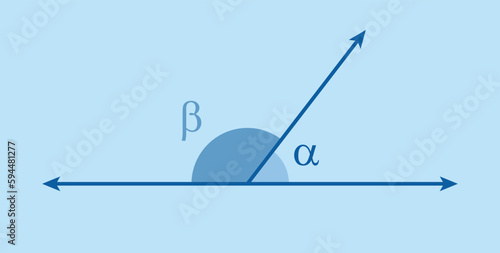 Adjacent angles in mathematics. Two angles with common vertex and side. Vector illustration isolated on blue background.