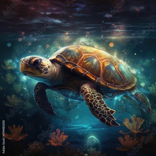 A cute turtle in the night sky Generative Ai © SoFotaglow