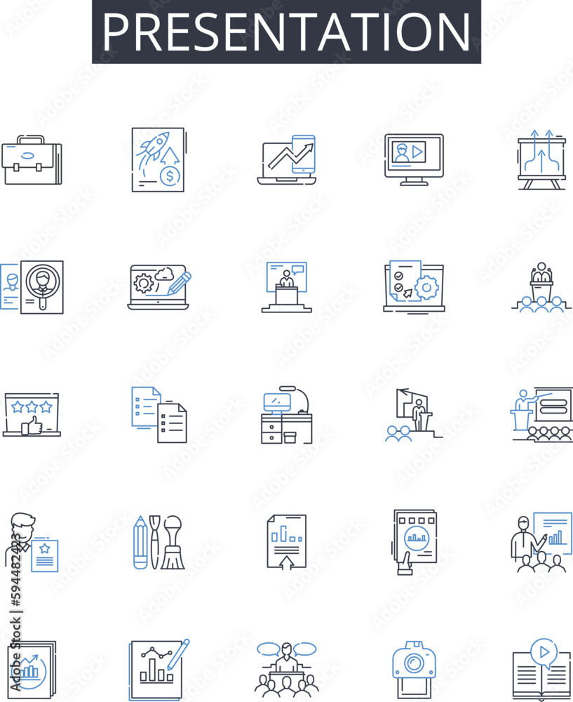 Presentation line icons collection. Performance, Demonstration, Show, Display, Lecture, Exhibit, Explanation vector and linear illustration. Pitch,Discourse,Report outline signs set