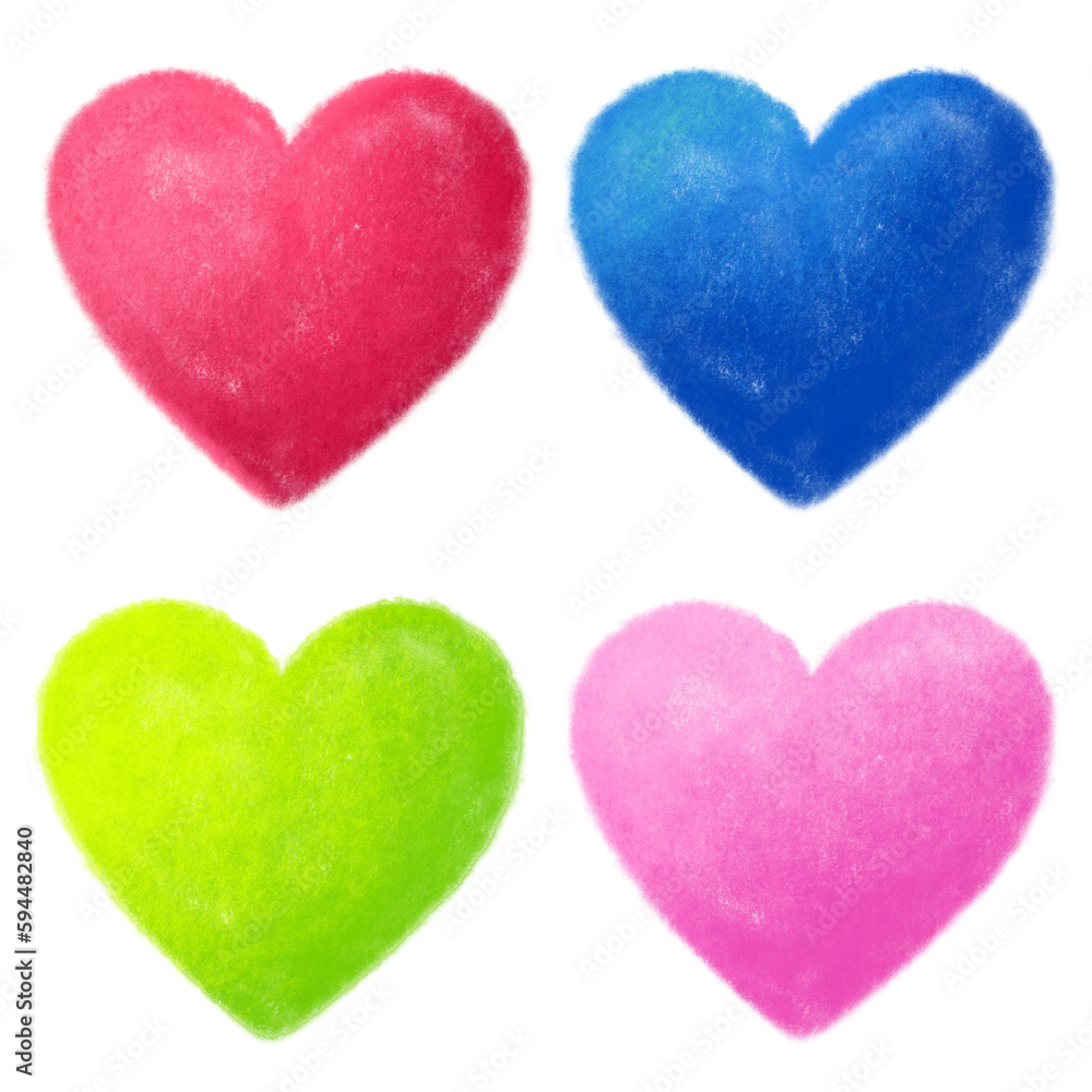 Set watercolor hand drawn paper texture decorative violet, pink,orange, green, blue isolated hearts on white background. Romantic shiny icons for valentine's day, design, card, scrapbook, party, print