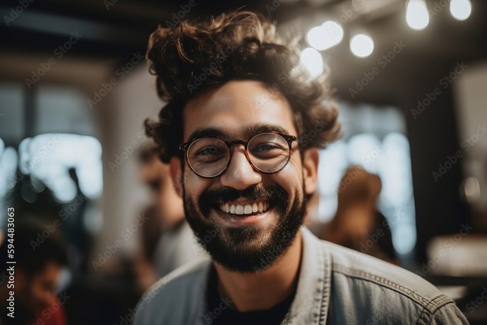 Hispanic young adult man portrait in restaurant with hipster style, eyeglasses, beard and curly hair. Generative AI