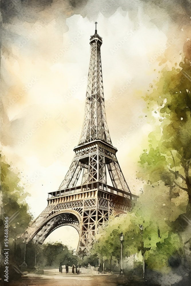 Watercolor illustration of Eiffel tower in Paris, France. Generative AI Vertical illustration