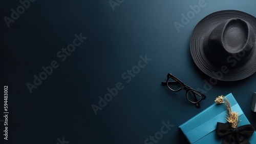 Father's day sale background template with hat, eyeglasses, and gift box with copy space for text. Generative AI