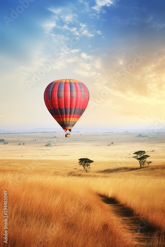 Realistic illustration of hot air balloon riding over Masai Mara plains. Generative AI Vertical shot © Pajaros Volando
