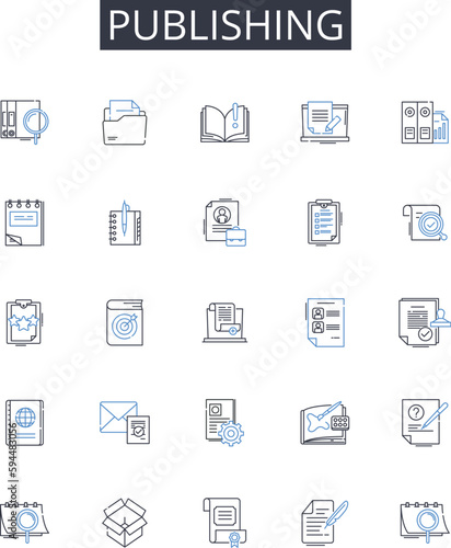Publishing line icons collection. Printing press, Bookmaking, Magazine creation, Article releasing, Report production, Newsletter issuing, Journal publication vector and linear illustration. Report