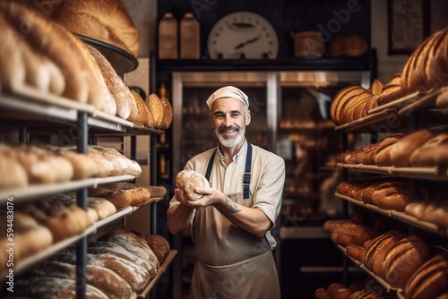 Fotografia Mature man baker in bakery shop looking at camera and smiling