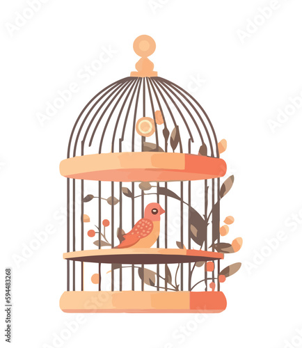 Cute bird with foliage on birdcage