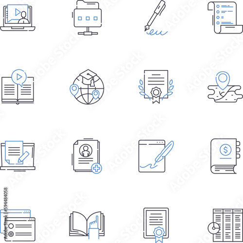 Desk essentials line icons collection. Pen, Stapler, Tape, Scissors, Notebook, Calculator, Paperclips vector and linear illustration. Highlighter,Eraser,Ruler outline signs set