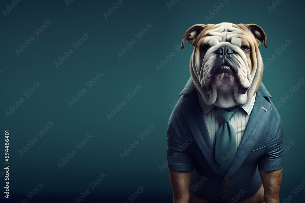 aanthropomorphism bulldog in a stylish blue business suit on blue background, an animal entrepreneur, business concept. generative ai