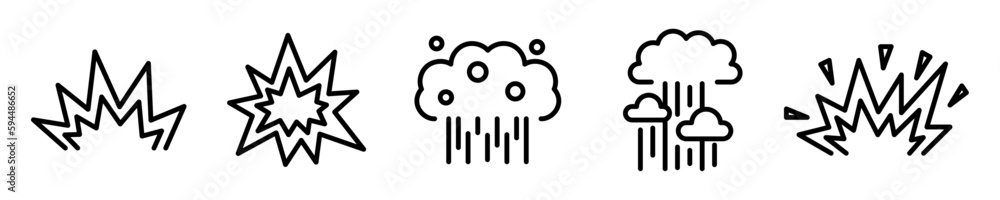 Conjunto de iconos de explosión. Bomba, erupción volcánica. Concepto de estallido y detonación. Ilustración vectorial Conjunto de iconos de explosión. Bomba, erupción volcánica. Concepto de estallido y detonación. Ilustración vectorial