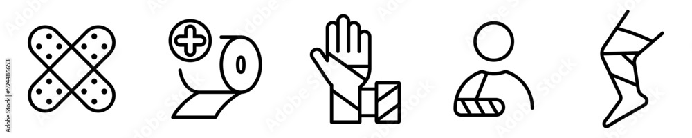 Conjunto de iconos de vendaje y fractura. Concepto de asistencia sanitaria, salud y bienestar. Vendar herida, golpe, fractura. Ilustración vectorial Conjunto de iconos de vendaje y fractura. Concepto de asistencia sanitaria, salud y bienestar. Vendar herida, golpe, fractura. Ilustración vectorial