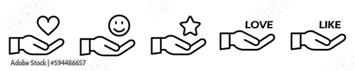 Conjunto de iconos de mano sosteniendo. Estados de ánimo en la mano. Concepto de reacción y expresión. Ilustración
