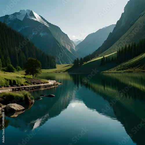 Majestic Mountain Landscape View  green nature mountain river  Reflections on the Lake  Green Hills and Rolling River  Breathtaking View of the Valley. Created using generative Ai.