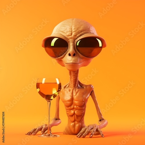alien with a glass of wine cartoon style on a dark yellow orange background
