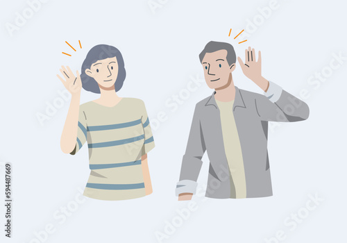 People smiles and holds hand near his ear. The guy listening or hearing and accept all opinion.Comunication concept.Vector illustration.