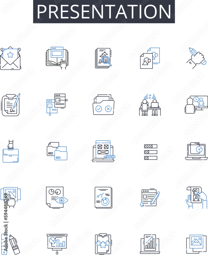 Presentation line icons collection. Performance, Demonstration, Show, Display, Lecture, Exhibit, Explanation vector and linear illustration. Pitch,Discourse,Report outline signs set Presentation line icons collection. Performance, Demonstration, Show, Display, Lecture, Exhibit, Explanation vector and linear illustration. Pitch,Discourse,Report outline signs set