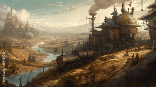 Streampunk train station and factory overlooking a valley and river  AI