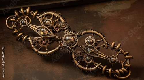 Steampunk jewelry on a table, bronze or copper and metal work, hair clip or broach, AI