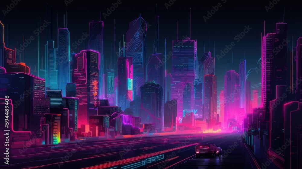 Neon cityscape background at night , downtown illustration, web banner, AI