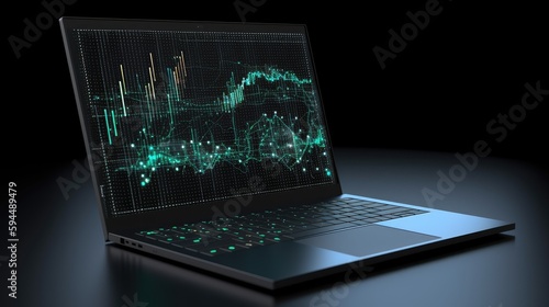 Laptop with analytical data on screen, finance analysis, AI