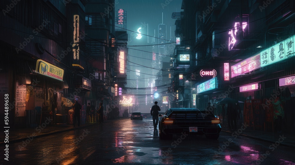 Neon lined city street at night, AI