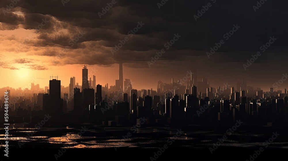 Dark and moody cityscape, dark city scene with sun rising in the background, AI