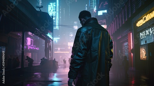Man walking to a diner in a busy city, cyberpunk concept of man walking down the street at night, AI