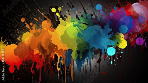 Colored paint background, watercolor splatter rainbow colors, background for web design or banners AI