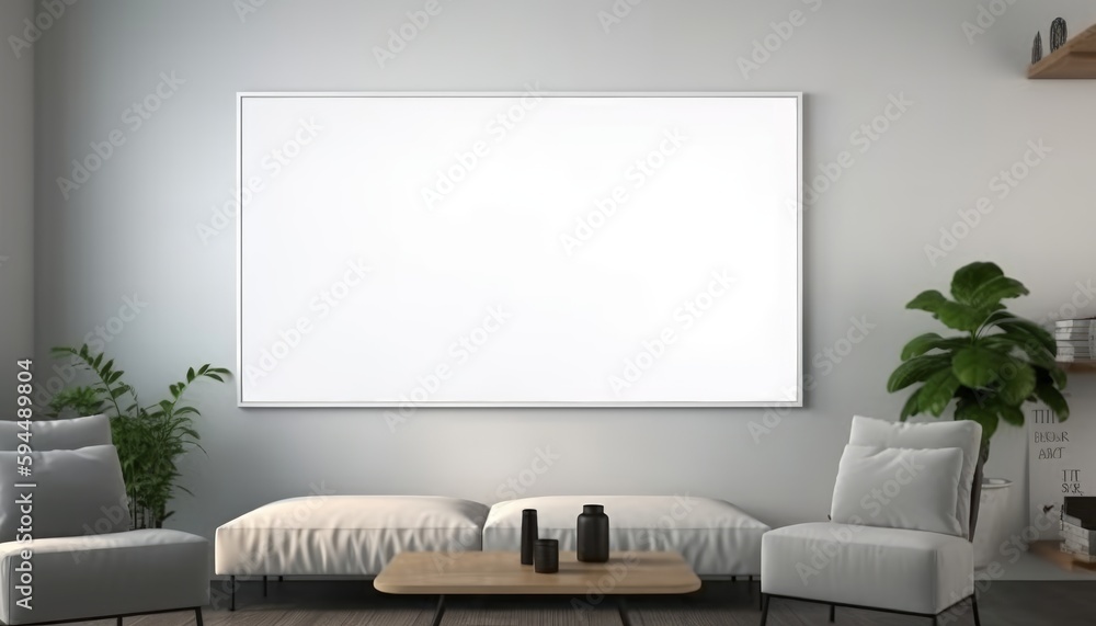 Modern living room with empty white canvas or wall decor frame in the center ai, ai generative, illustration Modern living room with empty white canvas or wall decor frame in the center ai, ai generative, illustration