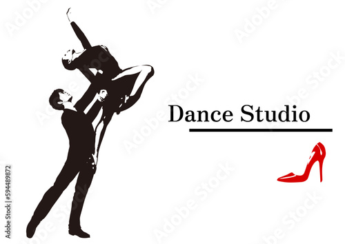女性を抱えてダンスする男性のシルエット 社交ダンスのペアが踊る全身横向きのイラスト