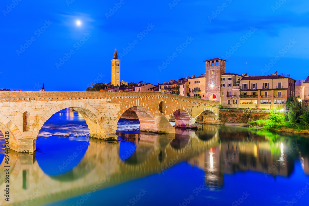 Verona, Italy. The Roman Ponte Pietra in Verona.