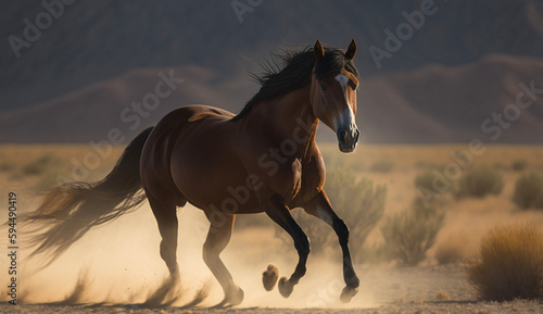 日に照らされ砂の上を走る馬 horse running on the sand at sunset | Generative AI