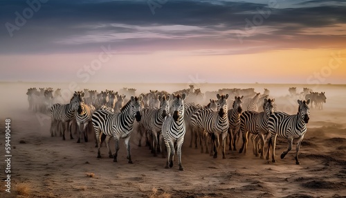 Flock of zebras in a grassland ai  ai generative  illustration