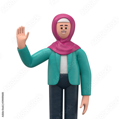 3D illustration of a thinking Arab women Ghaliyah with big question mark in speech bubble. Portraits of cartoon characters solving problems, feeling doubt or hesitation. Searching and finding a soluti photo