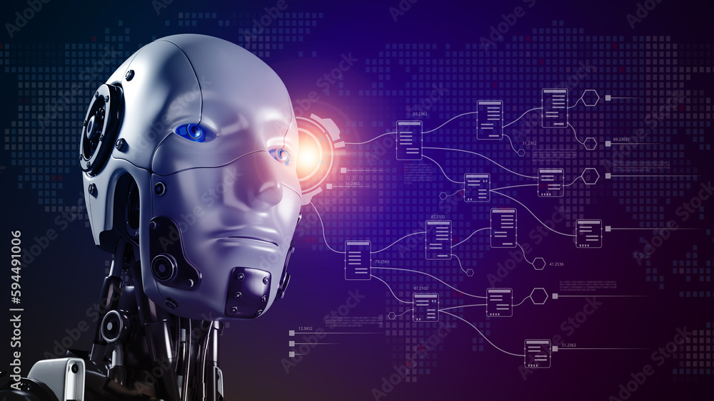 Robot shows AI icon provide access information, digital chat bot concept. Artificial intelligence, machine learning concept, big data, cloud computing, computer network and innovation technology Robot shows AI icon provide access information, digital chat bot concept. Artificial intelligence, machine learning concept, big data, cloud computing, computer network and innovation technology