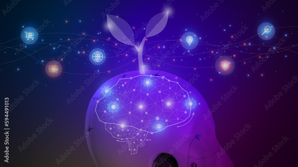 Robot head with glowing brain on future virtual background. AI artificial intelligence, machine learning concept, digital chatbot, big data, cloud computing, computer network and innovation technology