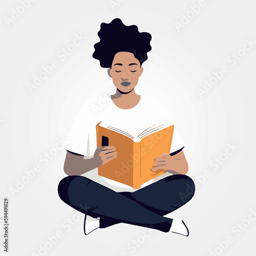 beautiful woman reading book sitting, vector illustration