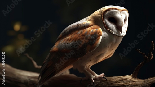 A beautiful barn owl perched on a tree stump