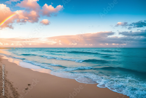 A deserted beach with a vibrant rainbow rising from the oceanic horizon. Generative AI © Carlos Cainã