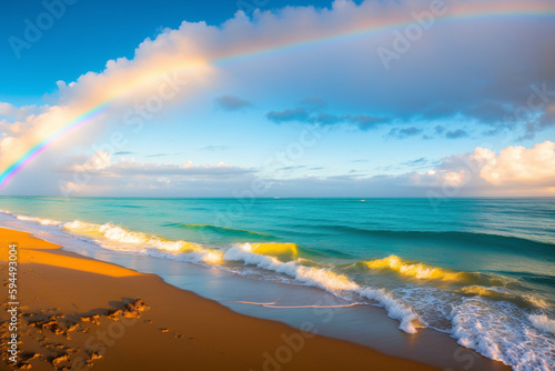 A deserted beach with a vibrant rainbow rising from the oceanic horizon. Generative AI