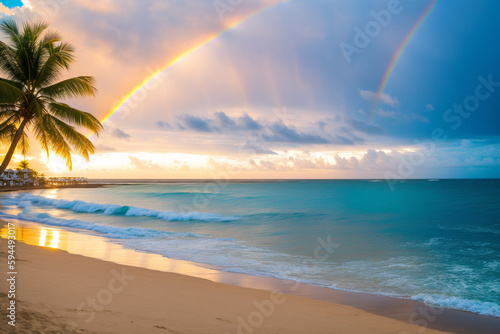 A deserted beach with a vibrant rainbow rising from the oceanic horizon. Generative AI