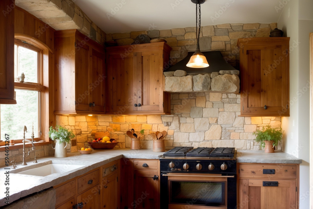 A rustic and cozy kitchen with stone walls, wooden cabinets and a ceramic sink. Generative AI A rustic and cozy kitchen with stone walls, wooden cabinets and a ceramic sink. Generative AI