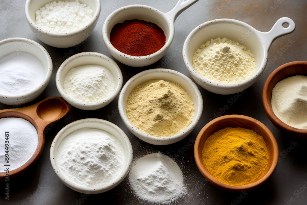 dry ingredients such as flour, sugar and yeast in ceramic bowls and measuring spoons. Generative AI dry ingredients such as flour, sugar and yeast in ceramic bowls and measuring spoons. Generative AI