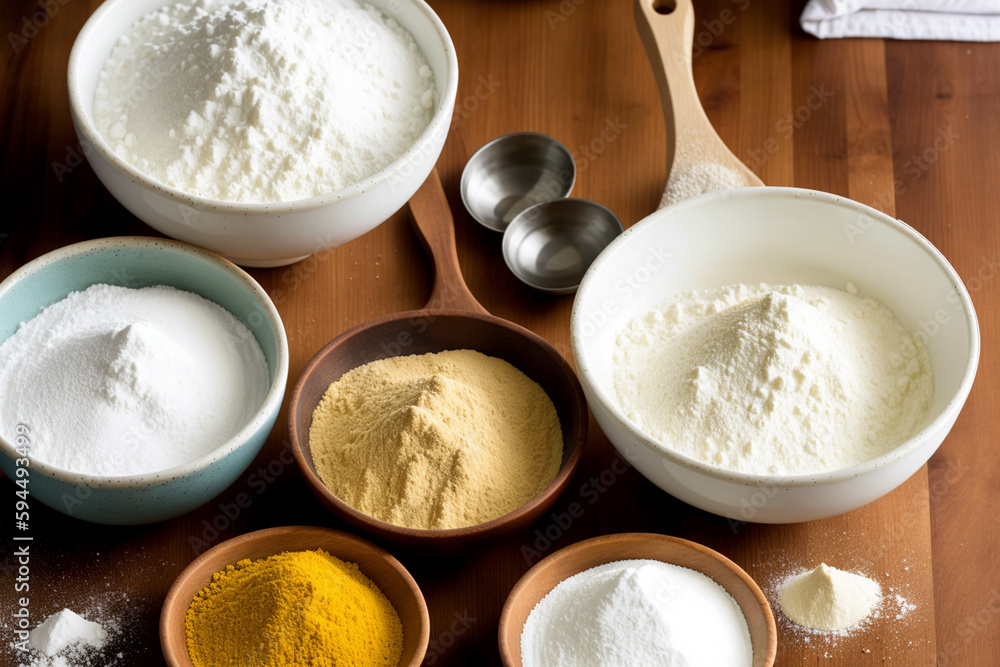 dry ingredients such as flour, sugar and yeast in ceramic bowls and measuring spoons. Generative AI dry ingredients such as flour, sugar and yeast in ceramic bowls and measuring spoons. Generative AI